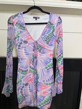 Fashion Nova Pastel Butterfly Tie-Front Mini Dress in Lavender Pink Green